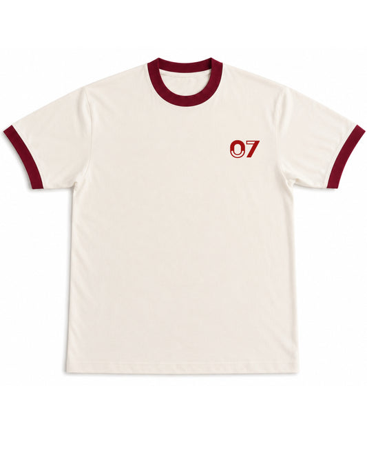 Off White & Maroon Ringer tee Front Design