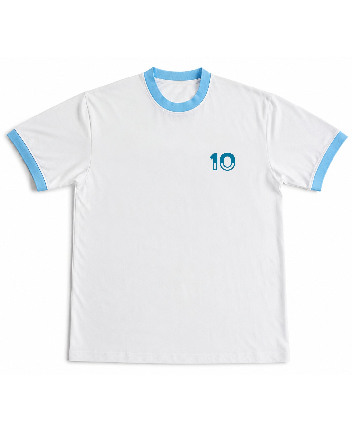 White & Sky Blue Ringer tee Front Design