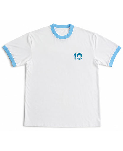 White & Sky Blue Ringer tee Front Design