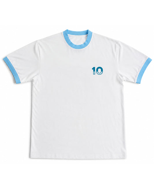 White & Sky Blue Ringer tee Front Design