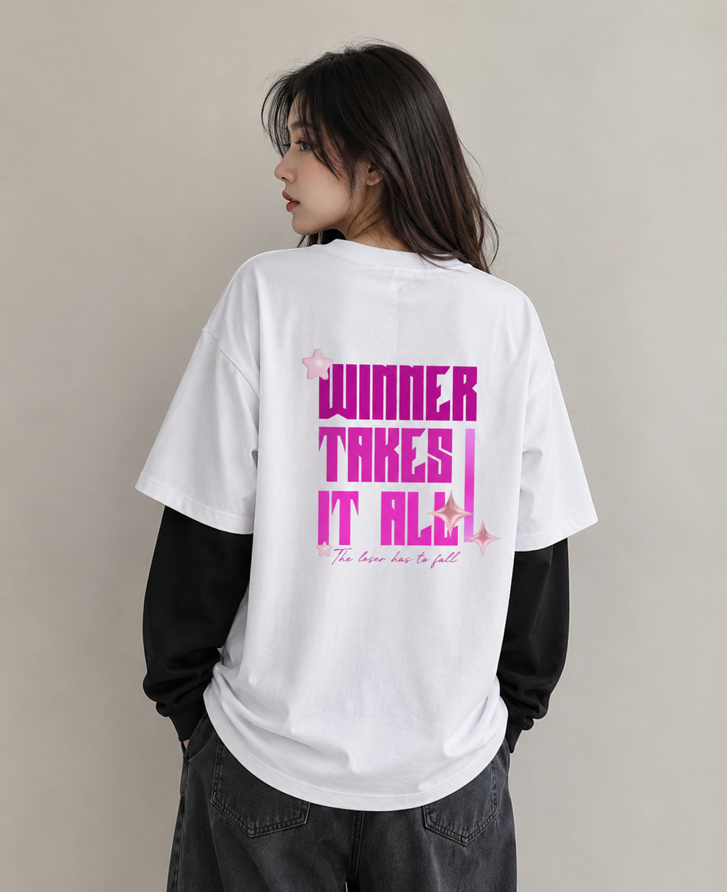 Winner takes White With Black Sleeve Oversized Tee  240 GSM | S-XL | 100% French terry cotton