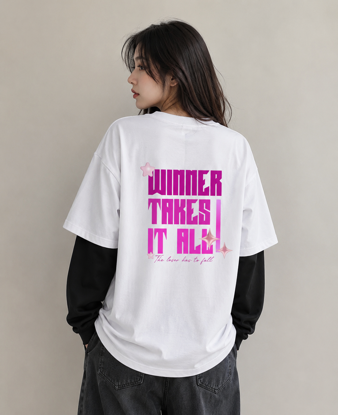 Winner takes White With Black Sleeve Oversized Tee  240 GSM | S-XL | 100% French terry cotton