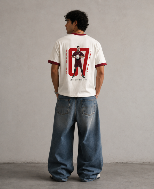 CR7 Off White & Maroon Ringer tee  220 GSM | S-XL | 96% Cotton 4% Lycra