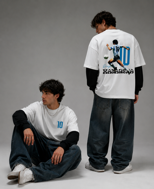 Diego Maradona White With Black Sleeve Oversized Tee  240 GSM | S-XL | 100% French terry cotton
