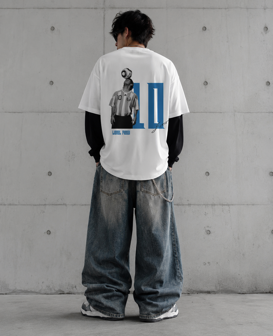 Messi White With Black Sleeve Oversized Tee  240 GSM | S-XL | 100% French terry cotton